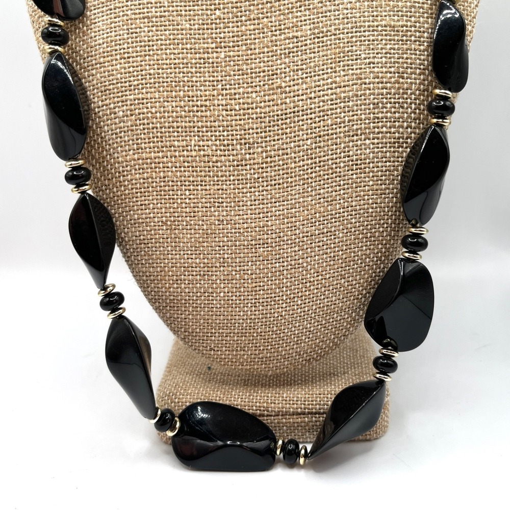 Vintage Chunky 80s Geometric Necklace‎ Black Gold Tone Lucite Beads 22"